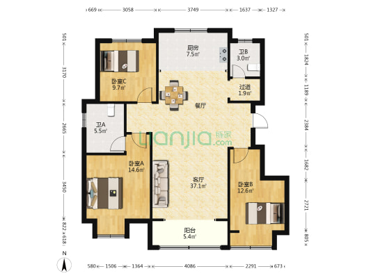 众祥国际 3室1厅2卫 125平方