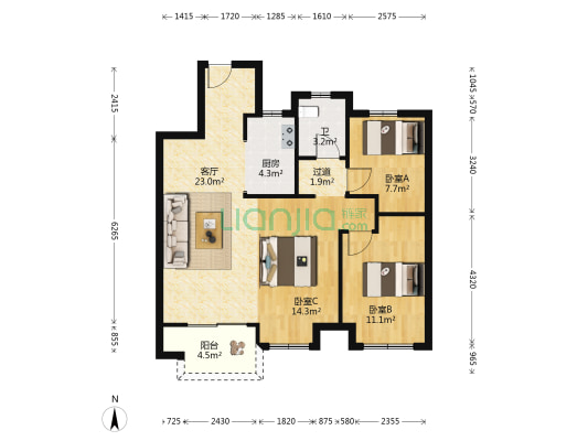 新西塘孔雀城天樾府 3室1厅1卫 89平方