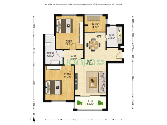 路通沁园 3室1厅1卫 91平方