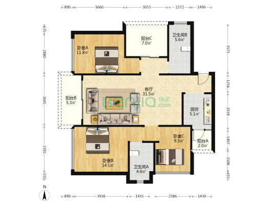 万悦山办公楼 3室1厅2卫 119平方