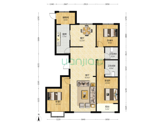 美罗城 3室2厅2卫 148平方