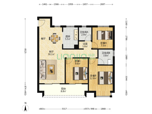 金地邦泰·城市星光 3室1厅2卫 108平方