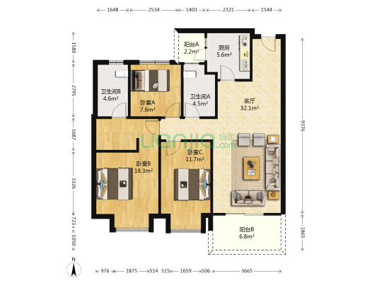 恒大嘉园四期 3室1厅2卫 125平方