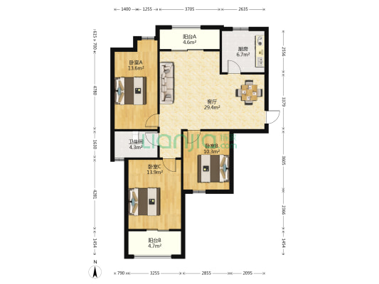 玫瑰苑 3室1厅1卫 123平方