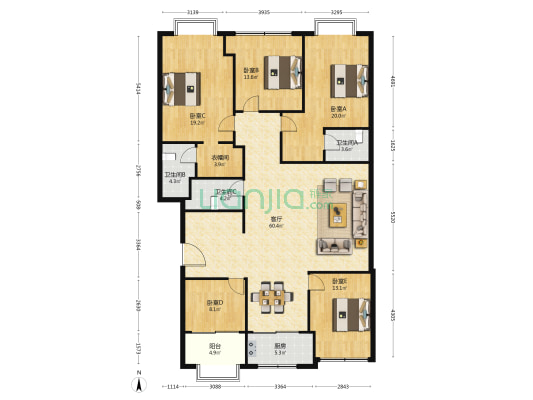 繁华路 5室1厅3卫 195平方