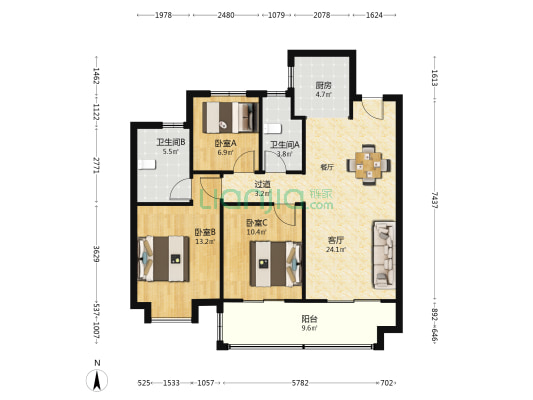 乐富强湖光秋色花园 3室1厅2卫 105平方