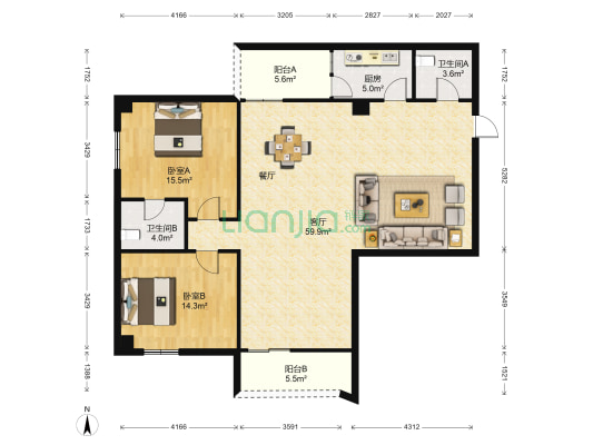 金海大厦 2室1厅2卫 139平方