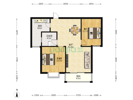 顺景国际小区 2室1厅1卫 95平方
