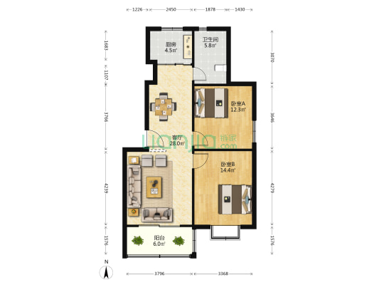 双洋三村动迁小区 2室1厅1卫 88平方