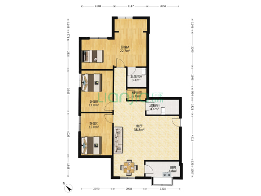 洞庭村 3室1厅2卫 125平方