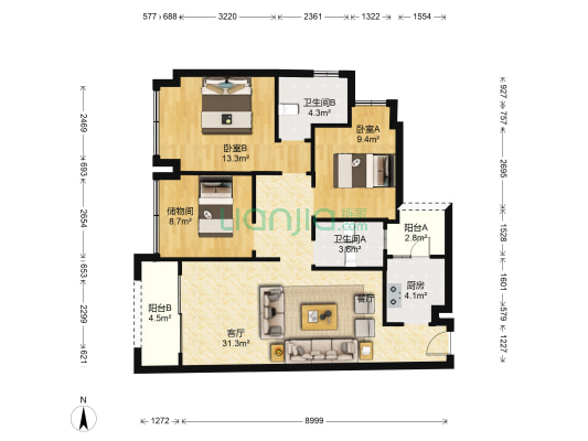 金地城南艺境 2室1厅2卫 96平方