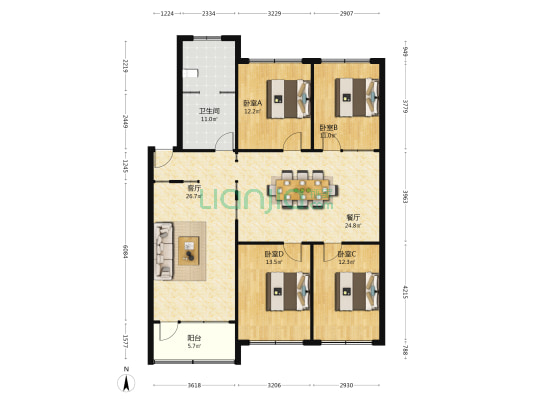 白酒厂宿舍 4室2厅1卫 145平方