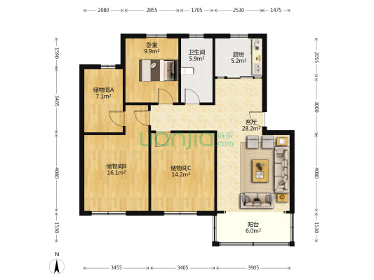 湘苑一区 1室1厅1卫 115平方