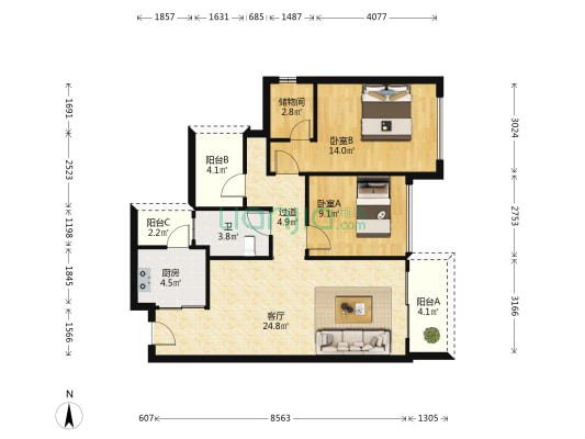 金地自在城 2室1厅1卫 89平方