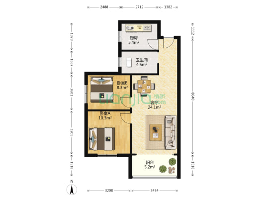 洋湖和园 2室1厅1卫 76平方
