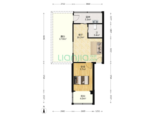 横河路208号 1室1厅1卫 53平方