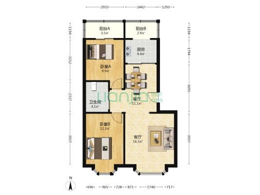 惠友康庭，满五不唯一，简单装修，顶层，南北通透两居-户型图