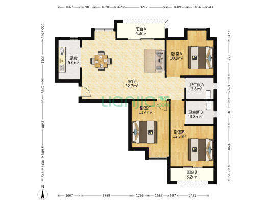 梧桐花园 3室1厅2卫 116平方