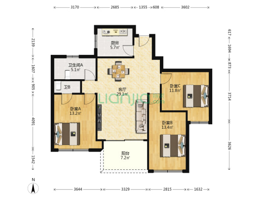 东湖世纪城三区  3室2厅  104 m²  79.8 万-户型图