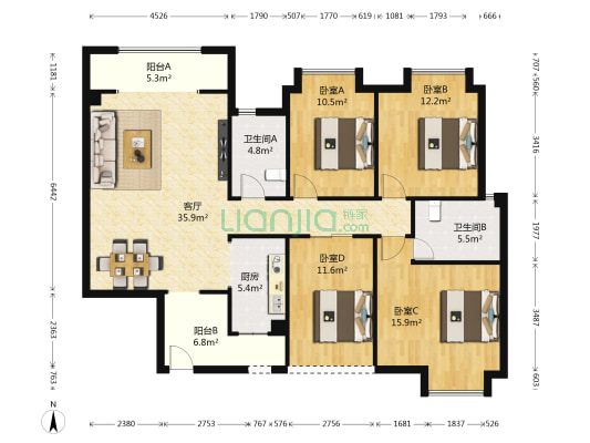 艺苑生活圈 4室1厅2卫 143平方