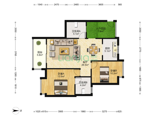 龙佑苑 2室1厅2卫 100平方