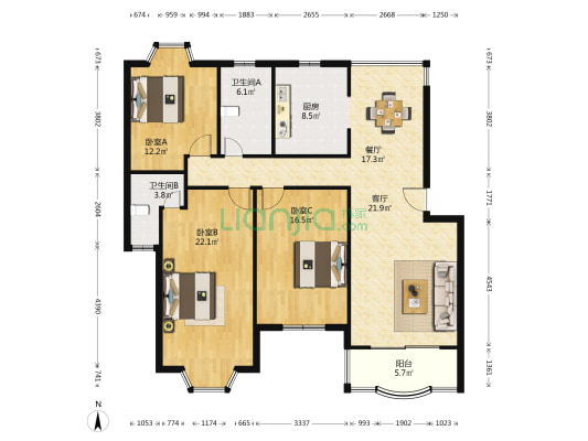 鸿达嘉苑 3室2厅2卫 131平方