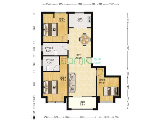 九联湖畔 3室1厅2卫 122平方