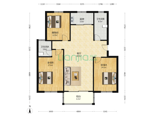 西郊花苑 2室1厅2卫 126平方