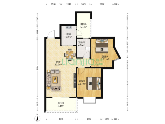 南洋国际金融公寓 2室1厅1卫 90平方