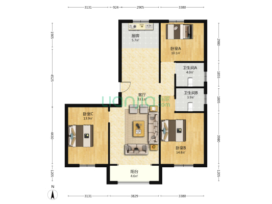 万润壹号 3室1厅2卫 122平方