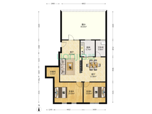 艺境花园 2室2厅1卫 90平方