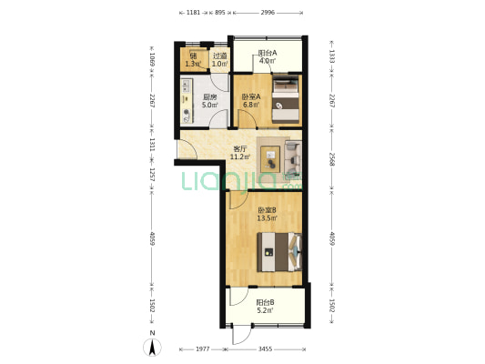 天昊巾被厂宿舍 2室1厅0卫 55平方