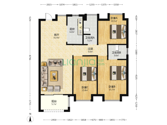 纵联天御 3室1厅2卫 125平方