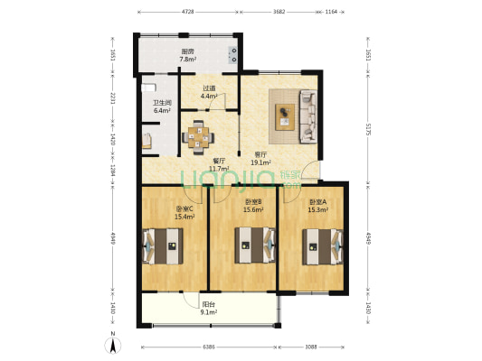红专路97号院 3室2厅1卫 103平方
