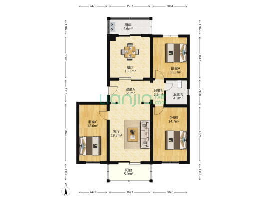 清朗园 3室2厅1卫 121平方