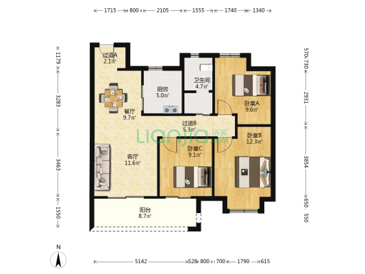 海纳春江 3室2厅1卫 98平方