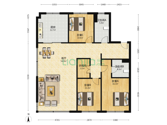 华润置地中央公园二期 3室1厅2卫 147平方