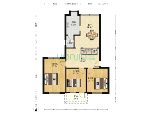 园湖南路15号 3室2厅1卫 94平方