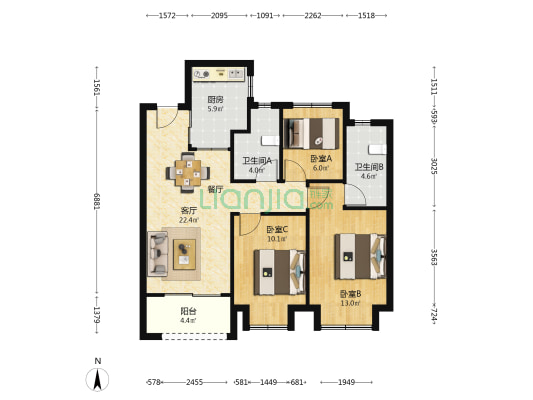金地峯汇二期 3室1厅2卫 102平方