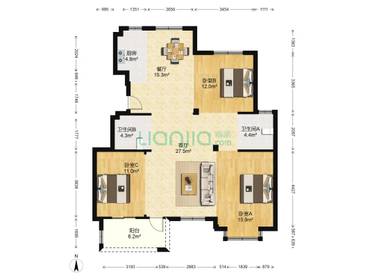 北辰雅苑 3室2厅2卫 126平方