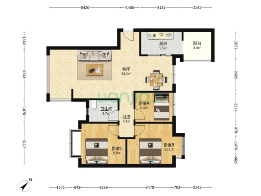 东湖郡三期 3室1厅1卫 91平方