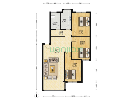 鹅石堡山 3室1厅1卫 102平方