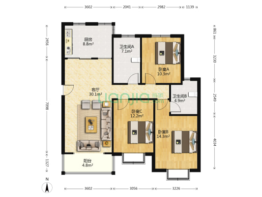 新加坡中心花園 3室1厅2卫 108平方