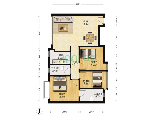 蚕种所宿舍 3室1厅2卫 87平方
