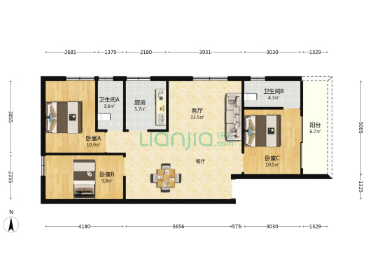 崖口化美村 3室1厅2卫 99平方