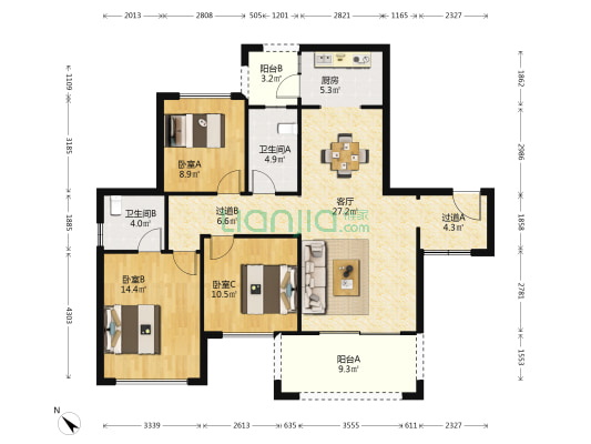 永兴滨湖一号B区 3室1厅2卫 107平方