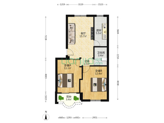 海监宿舍 2室1厅1卫 65平方