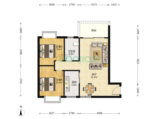 荔枝湾 2室1厅1卫 89平方
