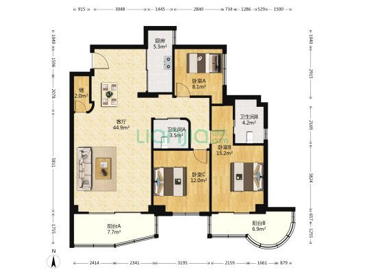 锦惠公寓 3室1厅2卫 137平方