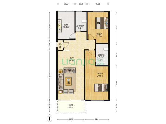 嘉华豪庭 2室1厅2卫 124平方